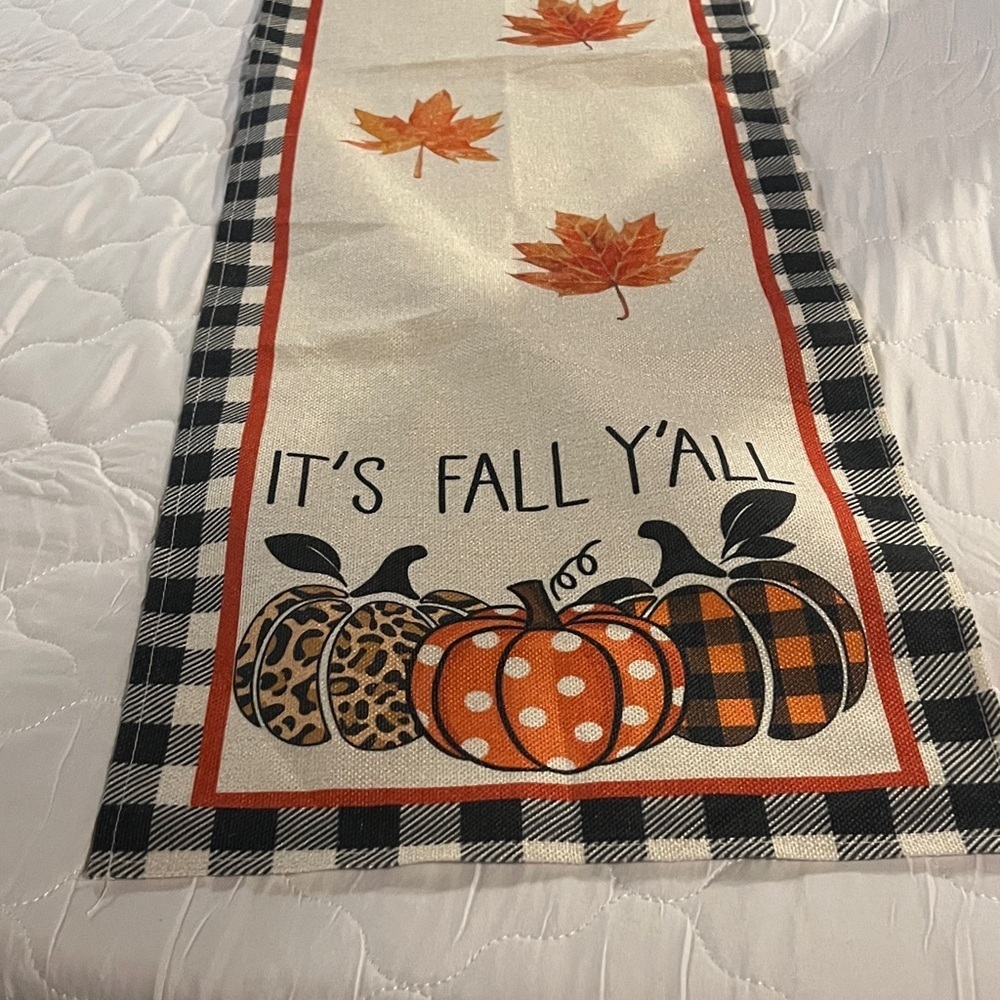 Autumn Table Runner with Pumpkins and Leaves